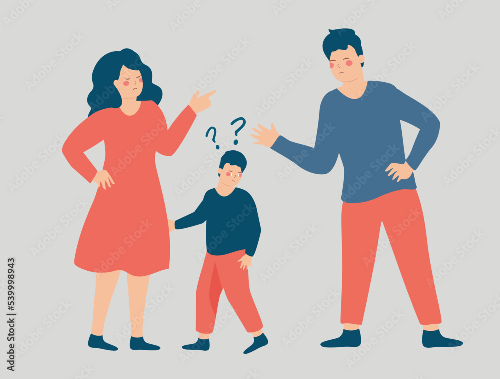 Influence of divorce on the family and children. Parents argue and insult each other in front of their confused child. Concept of custody battle, couple breakup, verbal assault and disagreement. - obrazy, fototapety, plakaty 
