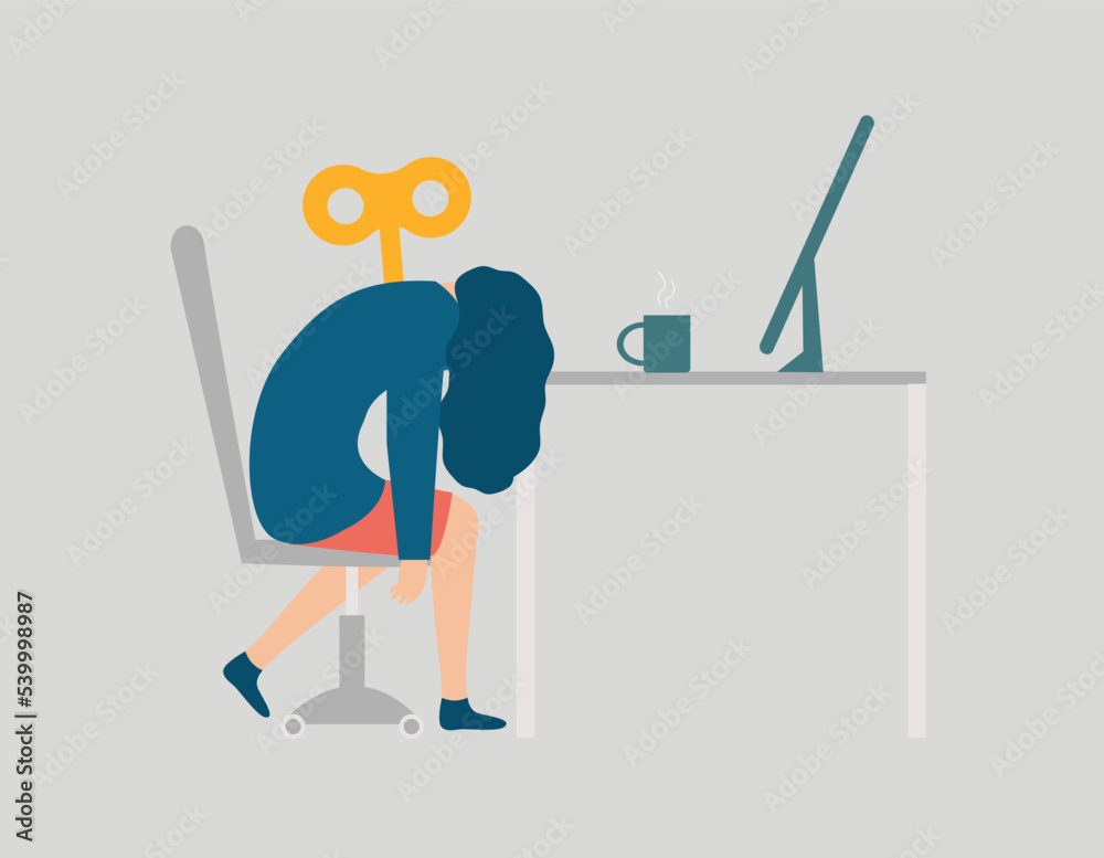 Fototapeta premium Female employee feeling tired and exhausted at the office due to being exploited at work. Stressed business woman or worker lays her head down on a laptop. Concept of pressure and labor exploitation.