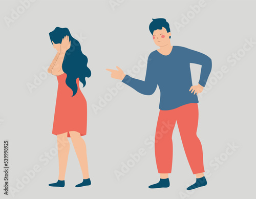 Man points his finger at a woman, criticizes and blames her. Female covers her ears due to accusations. Stop violence, bullying and abuse against women. Concept of verbal assault between couple. photo