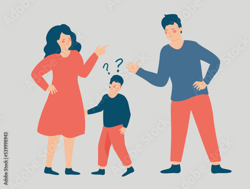 Influence of divorce on the family and children. Parents argue and insult each other in front of their confused child. Concept of custody battle, couple breakup, verbal assault and disagreement.