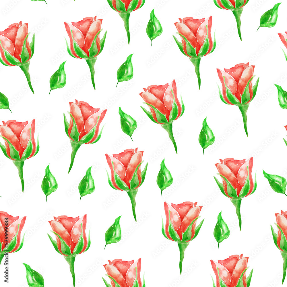 Blooming red roses watercolor seamless pattern. Template for decorating designs and illustrations.