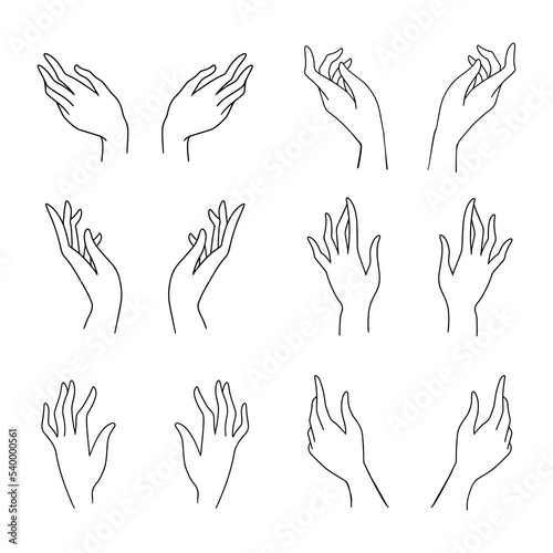 A simple outline drawing of the palms of the hands. Vector black and white sketch of giving hands. isolated set on transparent background