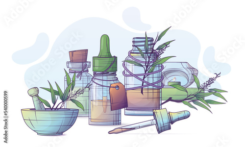 Vector illustration of bottles of essential oil, tea tree leaves, aroma lamp, mortar and pestle. Glass bottle with dropper. Pipette. Tea tree essential oil. Cosmetic, perfumery, aromatherapy.