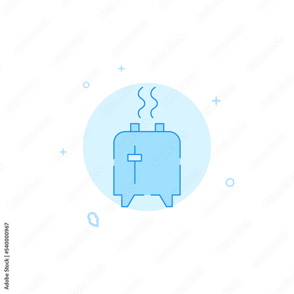 Toaster with smoke vector icon. Flat illustration. Filled line style. Blue monochrome design. Editable stroke. Adjust line weight. Toaster with smoke vector icon. Flat illustration. Filled line style. Blue monochrome design. Editable stroke. Adjust line weight.