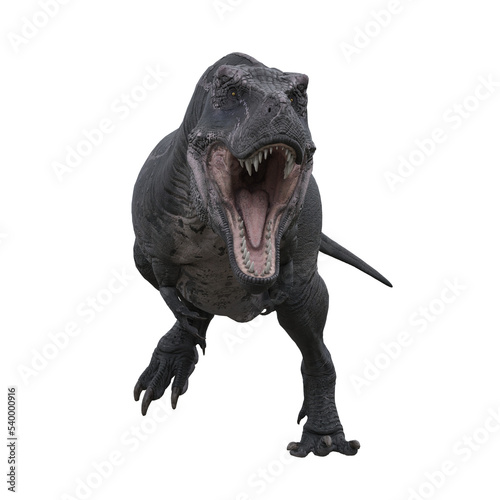 Tyrannosaurus Rex runing towards the camera aggressively with mouth open, 3D illustration isolated on transparent background. © IG Digital Arts