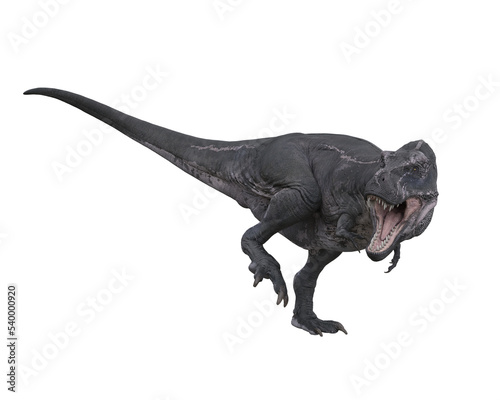 Tyrannosaurus Rex dinosuar in aggressive pose standing on one leg. 3D illustration isolated on transparent background.