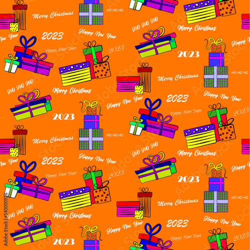 Vector seamless gift box symbol pattern and text "happy new year, merry christmas, hohoho "