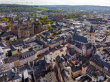 Aerial Drone Shot of the City Center in Trier, Rheinland-Pfalz. Autumn day in Famous German city