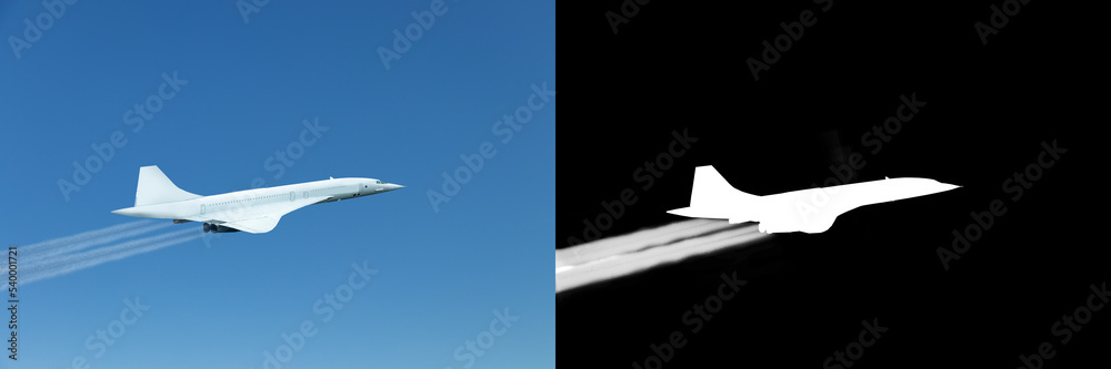 Futuristic Supersonic passenger airplane with trail of smoke from engines over sky, with clipping mask and path - obrazy, fototapety, plakaty 