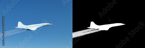 Futuristic Supersonic passenger airplane with trail of smoke from engines over sky, with clipping mask and path