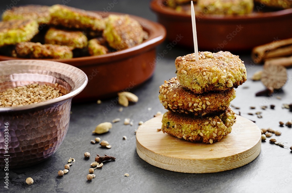 Vegan food: Fried falafel balls with sesame and oriental spices Vegan food: Fried falafel balls with sesame and oriental spices
