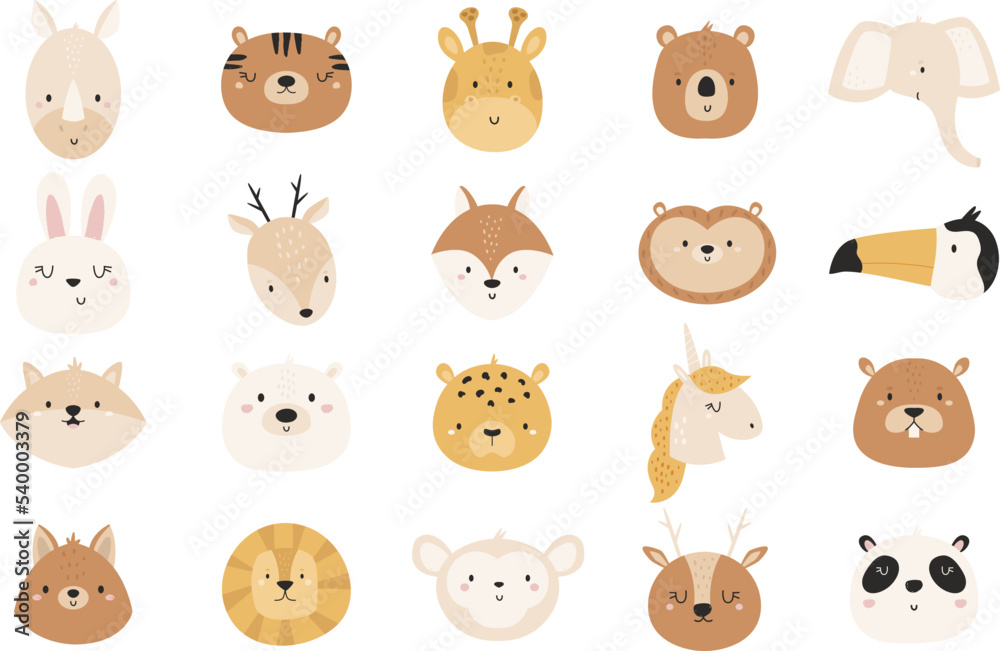Set of hand drawn animals bear, rabbit, unicorn, bear, lion