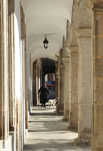 Pizarro arcades in the square of Piedad in Bejar, province of Salamanca, Castilla y León, Spain. Monuments in Bejar. Tourism in Bejar. What to see in Bejar.
