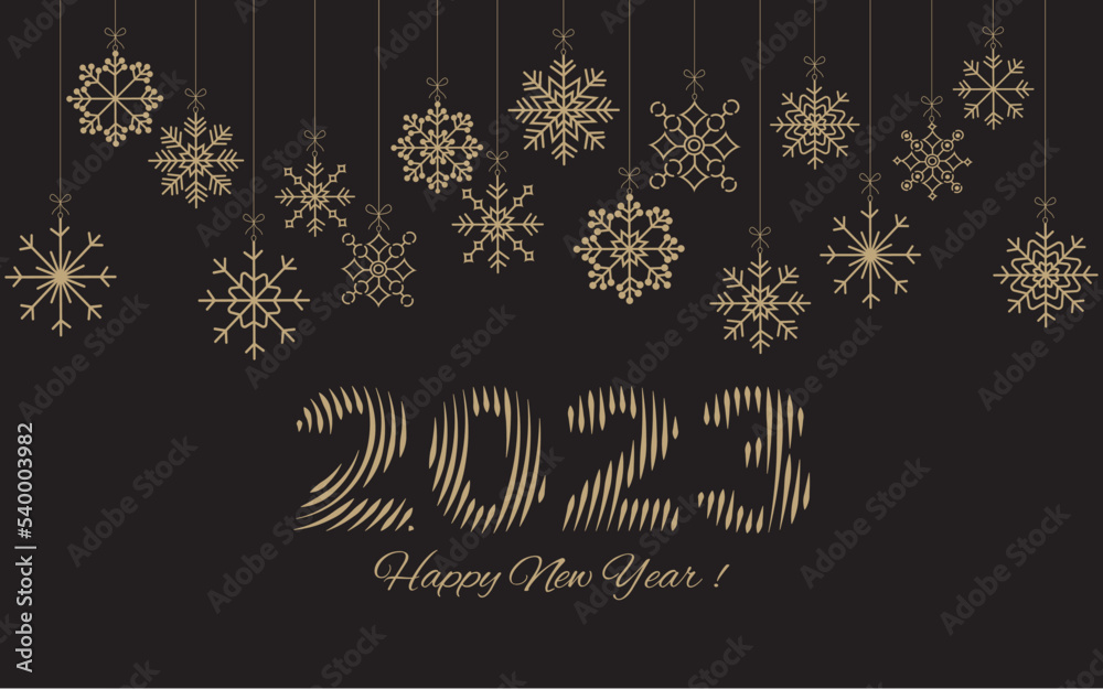 Black Happy New Year  2023 background with  gold snowflakes. The horizontal background is great for cards, brochures, flyers, and advertising poster templates. Vector illustration.