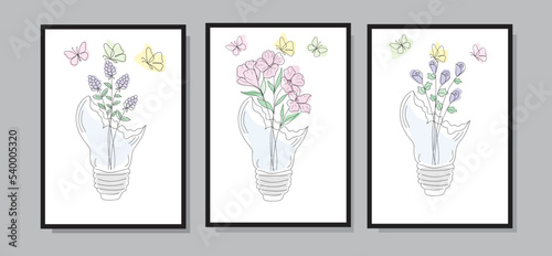 flowers in a broken light vase with butterflys combination. line art vector illustration.