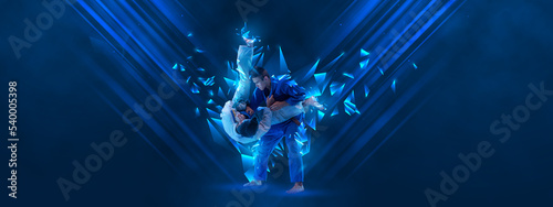 Creative artwork. Men, professional martial arts athletes training over dark blue background with polygonal and fluid neon elements.