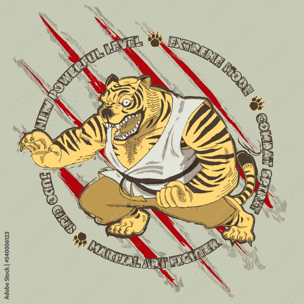 Vektorová grafika „Tiger mascot of a judo team. Emblem of a judo club with  a tirege in the center doing a judo move wearing a kimono. In the  background a circle of