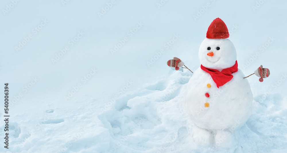Fototapeta premium Cute cheerful snowman who smiles broadly, decorated in a warm knitted hat and scarf with mittens