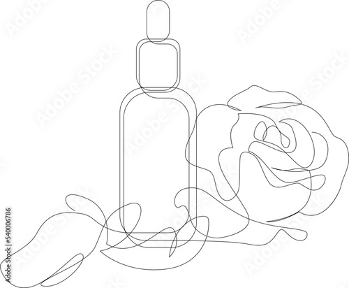 Cosmetic aromatherapy bottle and rose flower and petals. Continuous one line drawing. Vector illustration.