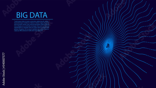 Digital vibration and sound wave. Circle blue pulse wave with points and particles on the dark background. Vector illustration.