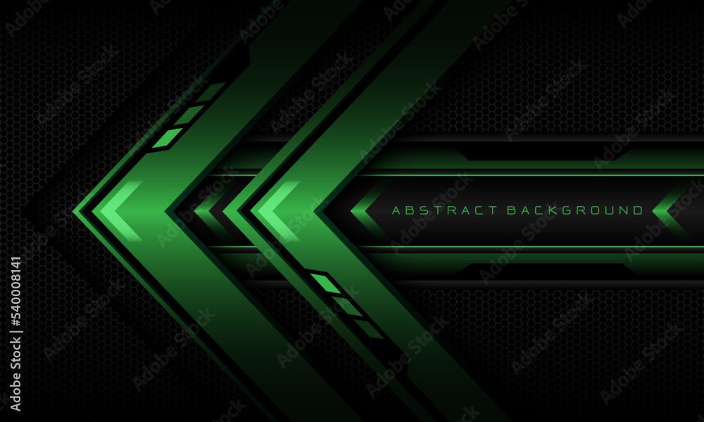 Abstract green arrow black cyber geometric line banner on black hexagon mesh pattern design ultramodern luxury futuristic technology background vector