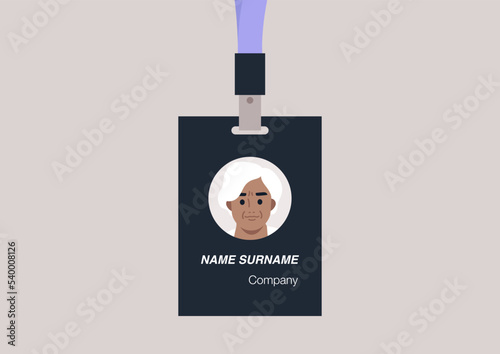 ID badge template, conference accessories, modern corporate culture, a portrait of a Senior character