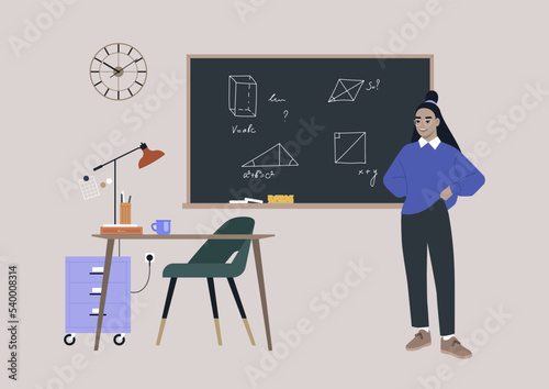 Geometry lesson, A young female Asian teacher or student standing next to a chalkboard