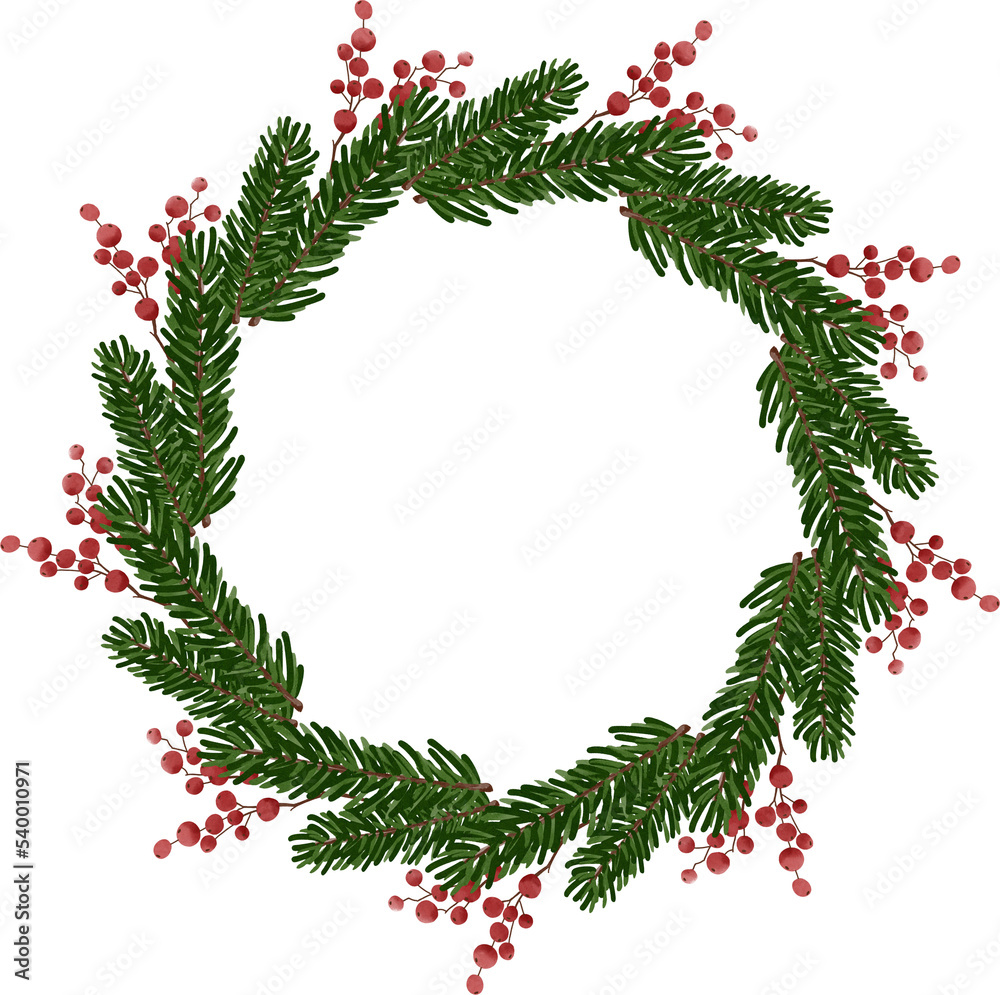 Christmas wreath with green fir and red berry. Winter holiday decor.