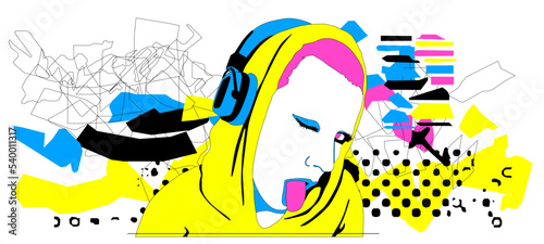 Fashion digital illustration set. Stylish party Girl on trendy creative background