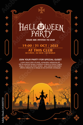 Happy halloween spooky cartoon illustration. Graphic design for the decoration of gift certificates, banners and flyer.