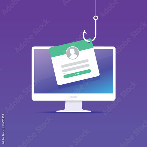 Phishing concept. Fishing hook stealing account login window from a computer vector illustration