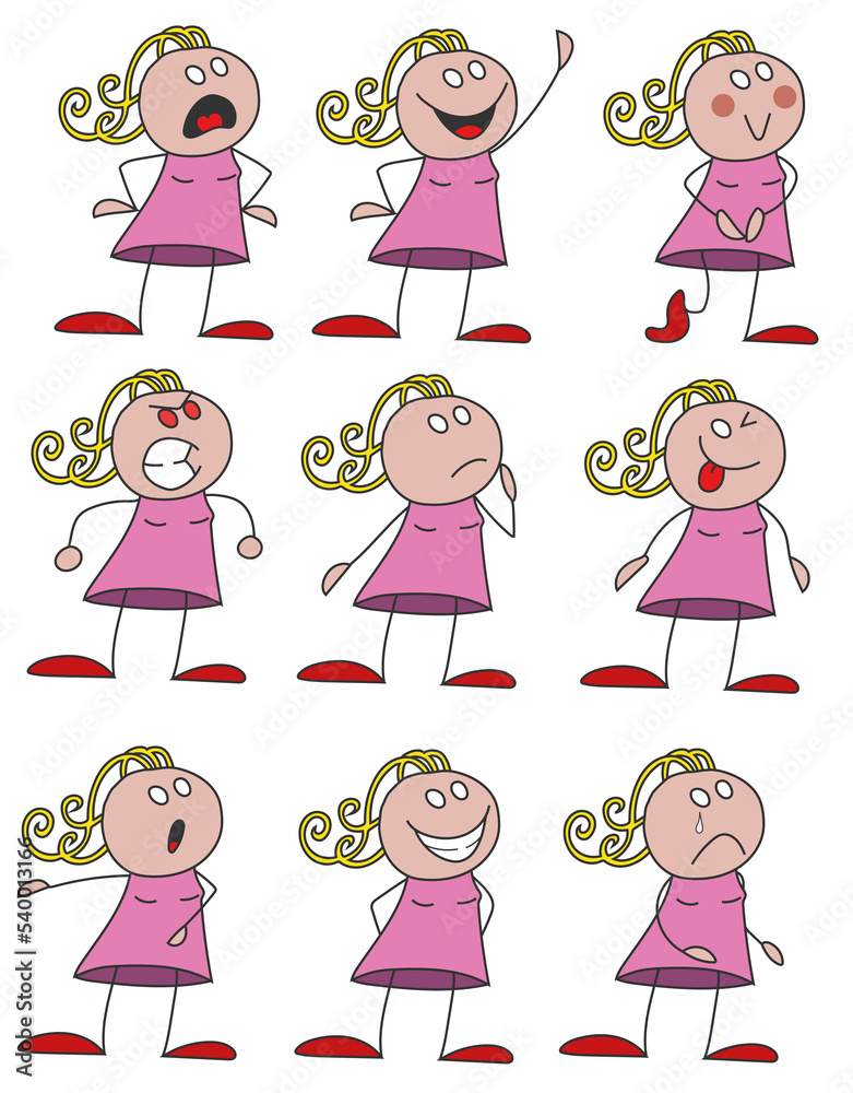 Petite fille personnage bâton avec diverses expressions Petite fille personnage bâton avec diverses expressions