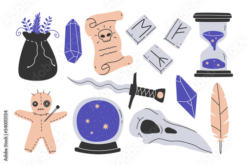 Hand drawn cute cartoon illustration set of magic occult element. Flat vector esoteric element collection sticker in simple colored doodle style. Fortune telling print. Isolated on white background.