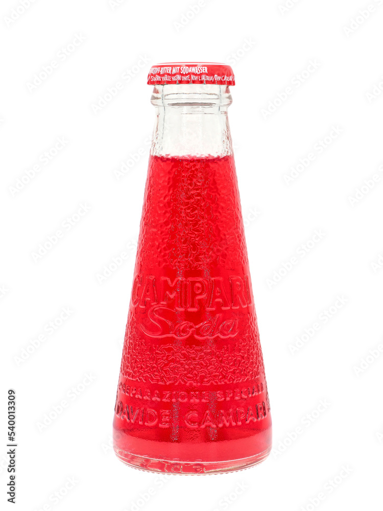 ROME, ITALY - OCTOBER 21, 2022. Campari soda mini bottle isolated on