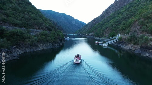 River Sil Touristic Cruise Boat in Canyon in Ribeira Sacra AERIAL photo