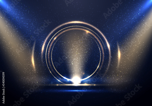 Abstract golden ring circles lighting effect backdrop with spotlight on blue stage background
