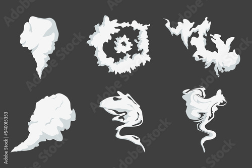 Cartoon smoke or steam clouds set. White cloudy shapes illustrations. Comic fire fumes trail. Flat vector illustration. Blast gas concept