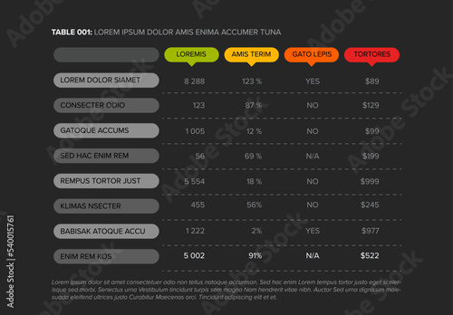 Simple dark stylized data table layout template photo