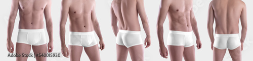 Foto Kit Mockup of white male boxers on the athletic body of a guy, brief underwear,