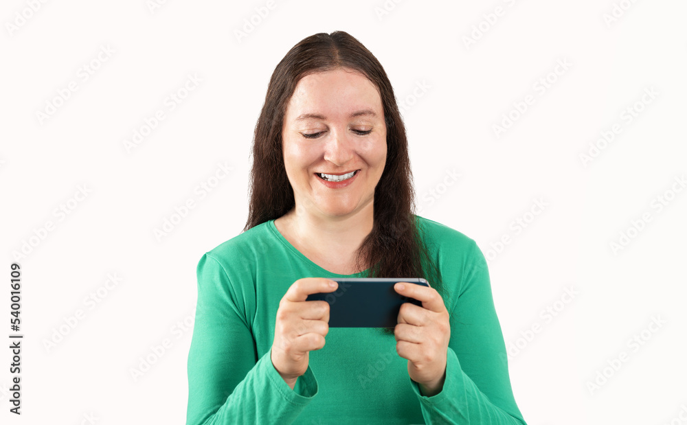 Hispanic woman smiling confident using smartphone over white background Hispanic woman smiling confident using smartphone over white background