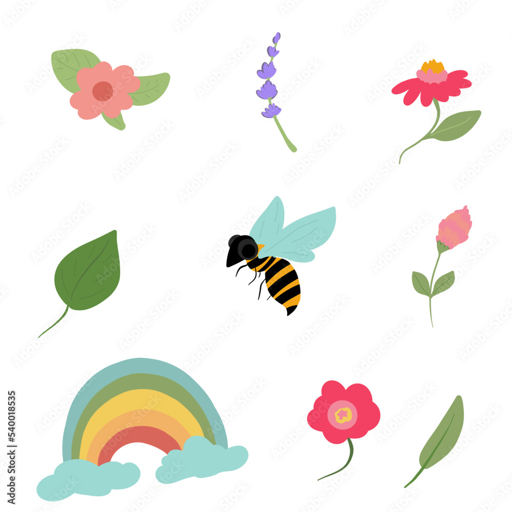 Set of bright flowers and bee with big eyes and rainbow 