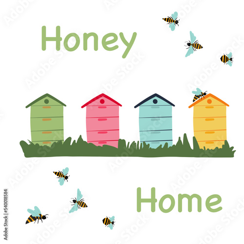 Set of bright hives with flying bees 