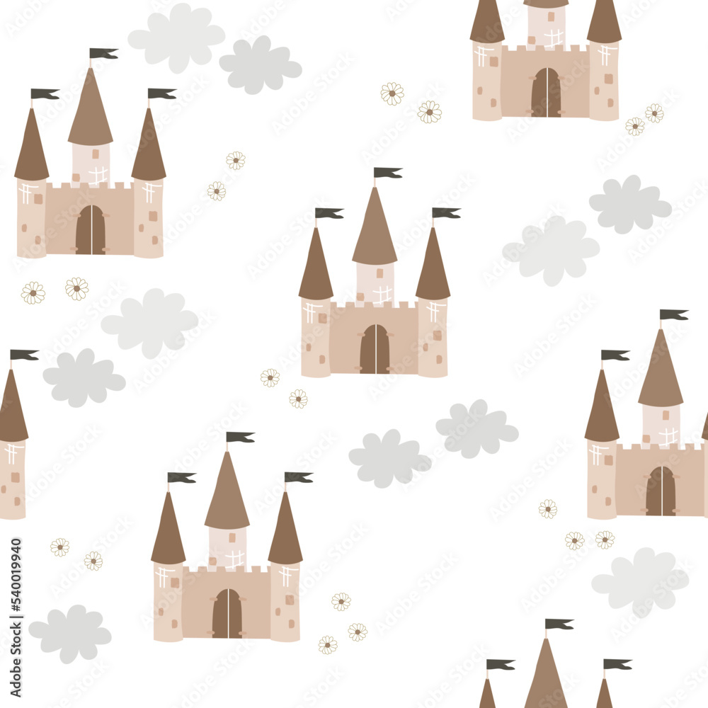 Seamless pattern with princess castle. Kids cute print. Vector hand drawn illustration.