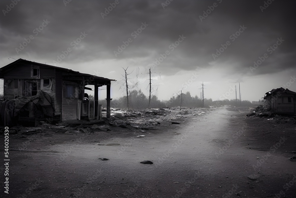 Abandoned town. Dystopia. Urban blight. Zombie apocalypse. Fallout. Abandoned town. Dystopia. Urban blight. Zombie apocalypse. Fallout.