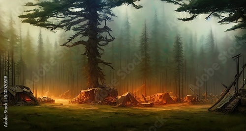 Postapocalyptic military encampment in the forest. Illustration. © Korney