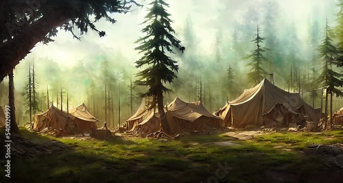 Postapocalyptic military encampment in the forest. Illustration. photo