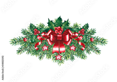 Branches of the Christmas tree. Decorated with a red bow and holly. For the design of greeting and invitation cards