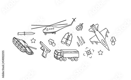 Military doodle icons. Vector illustration of a set of military equipment, army items.