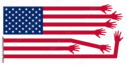 The USA’s history of reaching out to other nations with aid of all kinds is illustrated with this star spangled banner exteneding hands to help. This is a 3-d illustration isolated on the background. photo