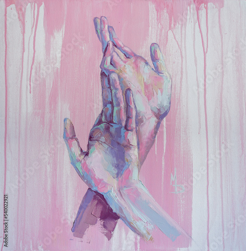 Wallpaper Mural Hands together - oil painting. The picture shows gentle hand dance.. Conceptual abstract closeup of an oil painting and palette knife on canvas. Torontodigital.ca